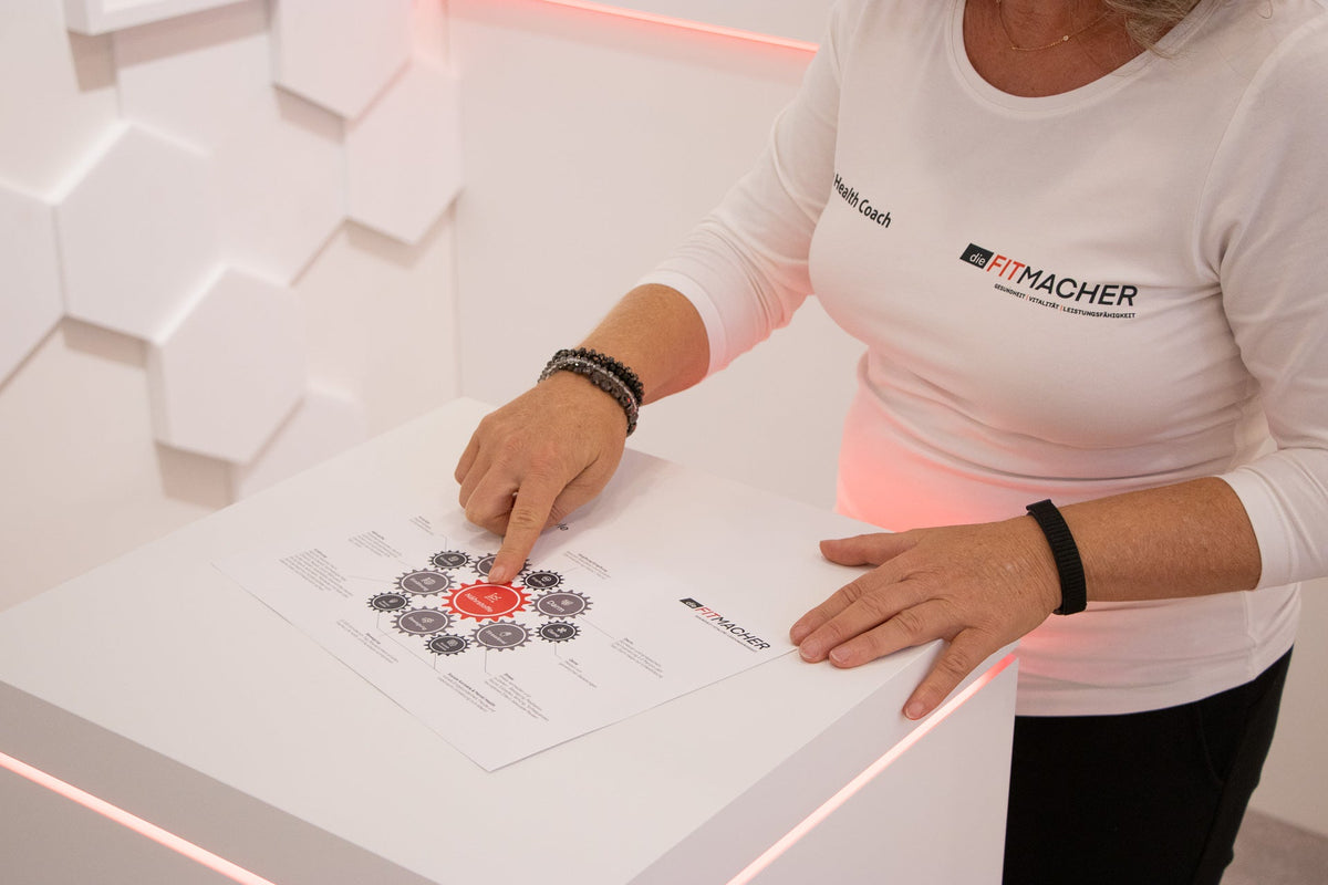 dieFITMACHER True Health Coach zeigt auf das Zahnradmodell