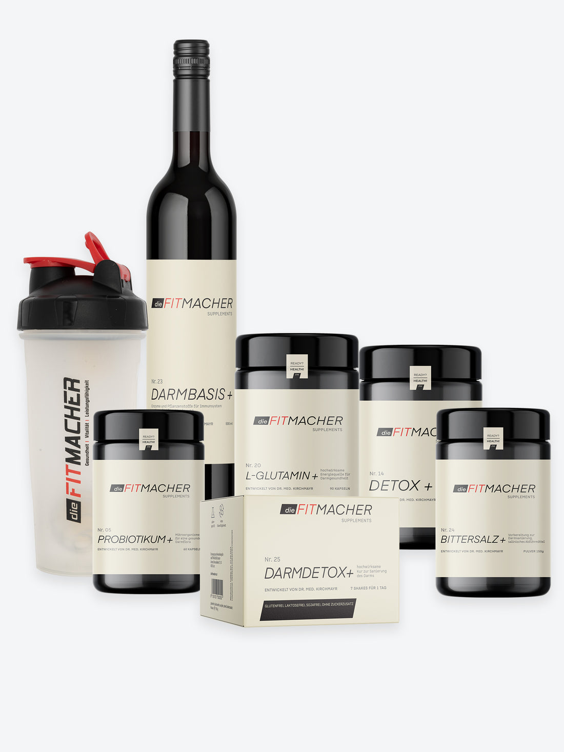 dieFitmacher Flasche, Darmbasis+ Probiotikum+, Darmdetox+, L-Glutamin+, Detox+, Bittersalz+